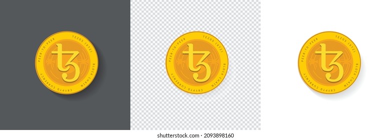 Block chain based crypto currency Tezos (XTZ) logo isolated on a white, dark and transparent background. Gold coin elements can be used as icon, sticker, badge, symbol, emblem and print design 