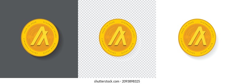 Logo de Algorand (ALGO), moneda criptográfica basada en cadena de bloques, aislada en un fondo blanco, oscuro y transparente. Los elementos de la moneda de oro pueden utilizarse como icono, pegatina, placa, símbolo, emblema y diseño de impresión 