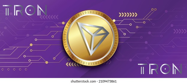 auf Blockketten basierendes dezentralisiertes Kryptowährung-Logo Tron (TRX) auf technischem Hintergrund. Network crypto Marketing Vektor.