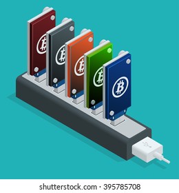 Block chain concept. Bitcoin mining USB devices in a row. Flat 3d isometry isometric online mining bitcoin concept. Bitcoin mining equipment.