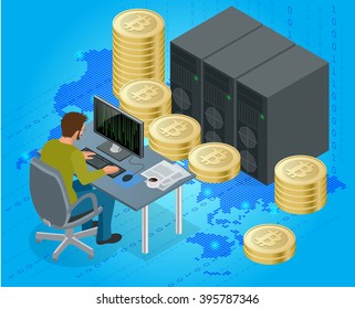 Block chain concept Flat 3d isometric man on computer online mining bitcoin concept. Golden coin with Bitcoin symbol in electronic environment. World map with nodes. 