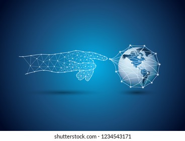 Block chain concept hand touching Earth 