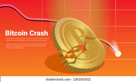 block chain criptocurrency market crisis bitcoin falling appart and crash tragedy concept with decline graphic red background vector illustration