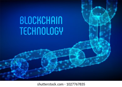 Block chain. Crypto currency. Blockchain concept. 3D wireframe chain with digital blocks. Editable cryptocurrency template. Stock vector illustration