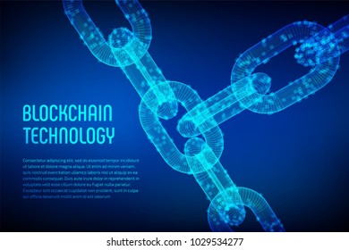 Block chain. Crypto currency. Blockchain concept. 3D wireframe chain with digital blocks. Editable cryptocurrency template. Stock vector illustration