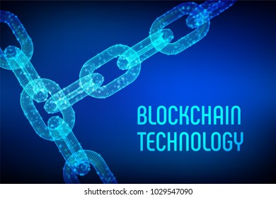 Block chain. Crypto currency. Blockchain concept. 3D wireframe chain with digital blocks. Editable cryptocurrency template. Stock vector illustration
