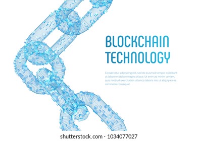 Block chain. Crypto currency. Blockchain concept. 3D wireframe chain with digital blocks. Editable cryptocurrency template. Stock vector illustration.