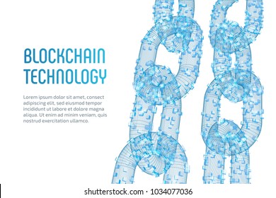 Block chain. Crypto currency. Blockchain concept. 3D wireframe chain with digital blocks. Editable cryptocurrency template. Stock vector illustration.