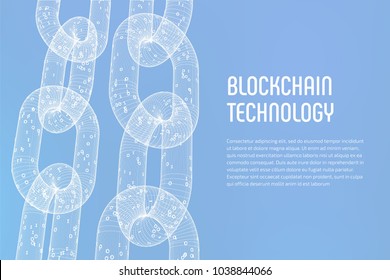 Block chain. Crypto currency. Blockchain concept. 3D wireframe chain with digital code. Editable cryptocurrency template. Stock vector illustration.