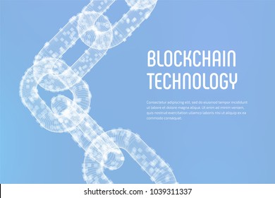 Block chain. Crypto currency. Blockchain concept. 3D wireframe chain with digital blocks. Editable cryptocurrency template. Stock vector illustration