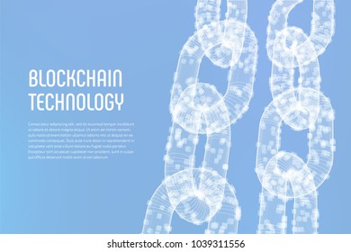 Block chain. Crypto currency. Blockchain concept. 3D wireframe chain with digital blocks. Editable cryptocurrency template. Stock vector illustration.