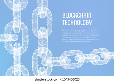 Block chain. Crypto currency. Blockchain concept. 3D wireframe chain with digital blocks. Editable cryptocurrency template. Stock vector illustration.