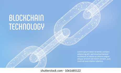 Block chain. Crypto currency. Blockchain concept. 3D wireframe chain with digital code. Editable cryptocurrency template. Stock vector illustration.