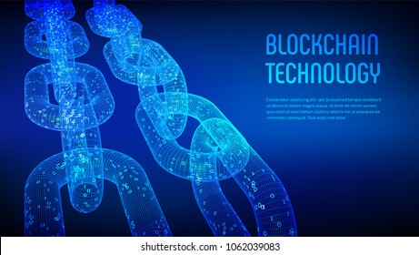 Block chain. Crypto currency. Blockchain concept. 3D wireframe chain with digital code. Editable cryptocurrency template. Stock vector illustration.