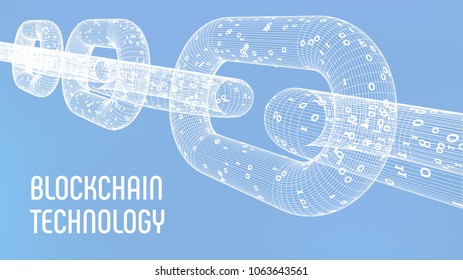 Block chain. Crypto currency. Blockchain concept. 3D wireframe chain with digital code. Editable cryptocurrency template. Stock vector illustration.