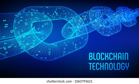 Block chain. Crypto currency. Blockchain concept. 3D wireframe chain with digital code. Editable cryptocurrency template. Stock vector illustration.