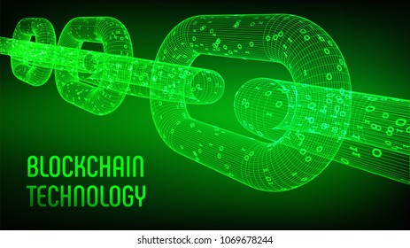 Block chain. Crypto currency. Blockchain concept. 3D wireframe chain with digital code. Editable cryptocurrency template. Stock vector illustration.