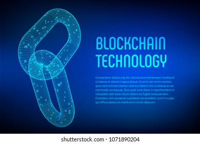 Block chain. Crypto currency. Blockchain concept. 3D wireframe chain with digital code. Link wireframe sign. Internet technology. Editable cryptocurrency template. Stock vector illustration.