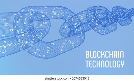 Block chain. Crypto currency. Blockchain concept. 3D wireframe chain with digital code. Editable cryptocurrency template. Stock vector illustration.