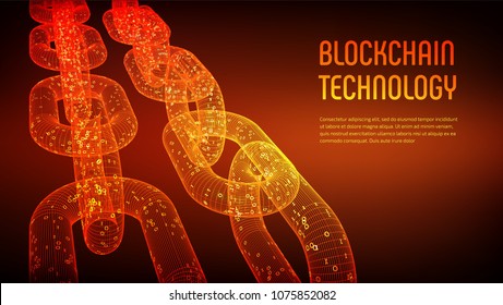 Block chain. Crypto currency. Blockchain concept. 3D wireframe chain with digital code. Editable cryptocurrency template. Stock vector illustration.