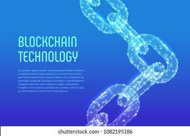 Block chain. Crypto currency. Blockchain concept. 3D wireframe chain with digital blocks. Editable cryptocurrency template. Stock vector illustration.