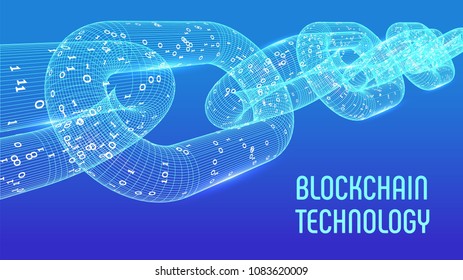 Block chain. Crypto currency. Blockchain concept. 3D wireframe chain with digital code. Editable cryptocurrency template. Stock vector illustration.