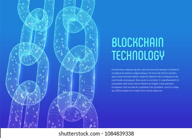 Block chain. Crypto currency. Blockchain concept. 3D wireframe chain with digital code. Editable cryptocurrency template. Stock vector illustration.