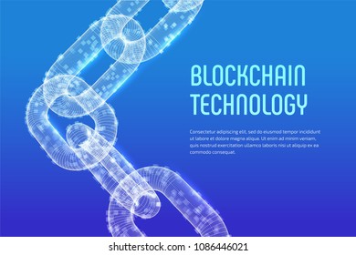 Block chain. Crypto currency. Blockchain concept. 3D wireframe chain with digital blocks. Editable cryptocurrency template. Stock vector illustration.