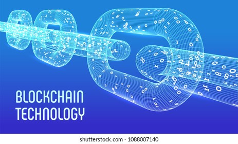 Block chain. Crypto currency. Blockchain concept. 3D wireframe chain with digital code. Editable cryptocurrency template. Stock vector illustration.