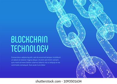 Block chain. Crypto currency. Blockchain concept. 3D wireframe chain with digital code. Editable cryptocurrency template. Stock vector illustration.