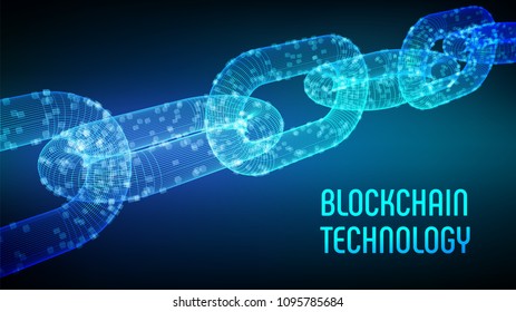 Block chain. Crypto currency. Blockchain concept. 3D wireframe chain with digital blocks. Editable cryptocurrency template. Stock vector illustration.