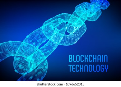 Block chain. Crypto currency. Blockchain concept. 3D wireframe chain with digital blocks. Editable cryptocurrency template. Stock vector illustration.