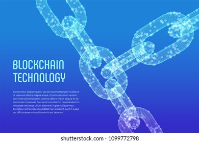 Block chain. Crypto currency. Blockchain concept. 3D wireframe chain with digital blocks. Editable cryptocurrency template. Stock vector illustration.
