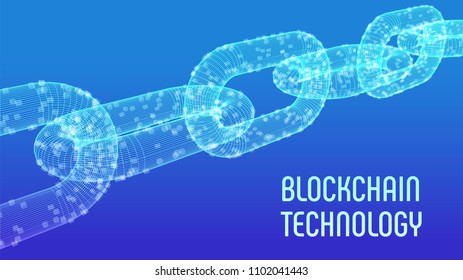 Block chain. Crypto currency. Blockchain concept. 3D wireframe chain with digital blocks. Editable cryptocurrency template. Stock vector illustration.
