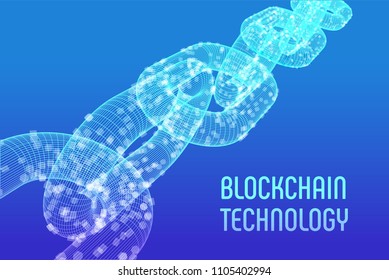 Block chain. Crypto currency. Blockchain concept. 3D wireframe chain with digital blocks. Editable cryptocurrency template. Stock vector illustration.