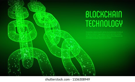 Block chain. Crypto currency. Blockchain concept. 3D wireframe chain with digital code. Editable cryptocurrency template. Stock vector illustration.