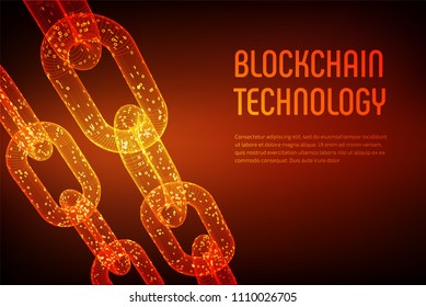 Block chain. Crypto currency. Blockchain concept. 3D wireframe chain with digital code. Editable cryptocurrency template. Stock vector illustration.