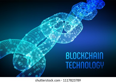 Block chain. Crypto currency. Blockchain concept. 3D wireframe chain with digital blocks. Editable cryptocurrency template. Stock vector illustration.