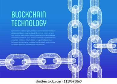 Block chain. Crypto currency. Blockchain concept. 3D wireframe chain with digital blocks. Editable cryptocurrency template. Stock vector illustration.