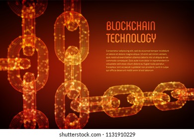 Block chain. Crypto currency. Blockchain concept. 3D wireframe chain with digital blocks. Editable cryptocurrency template. Stock vector illustration.