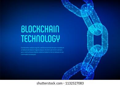 Block chain. Crypto currency. Blockchain concept. 3D wireframe chain with digital blocks. Editable cryptocurrency template. Stock vector illustration.