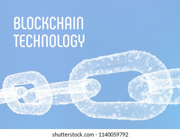 Block chain. Crypto currency. Blockchain concept. 3D wireframe chain with digital blocks. Editable cryptocurrency template. Stock vector illustration.