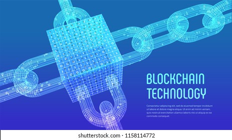 Block Chain. Crypto Currency. Blockchain Concept. 3D Wireframe Chain And Isometric Digital Block With Digital Code. Editable Cryptocurrency Template. Stock Vector Illustration.