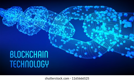 Block chain. Crypto currency. Blockchain concept. 3D wireframe chain with digital blocks. Editable cryptocurrency template. Stock vector illustration.