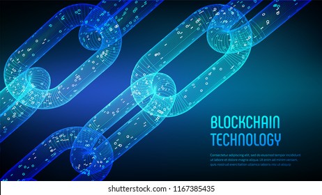 Block chain. Crypto currency. Blockchain concept. 3D wireframe chain with digital code. Editable cryptocurrency template. Stock vector illustration.