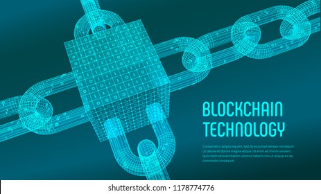 Block chain. Crypto currency. Blockchain concept. 3D wireframe chain and isometric digital block with digital code. Editable cryptocurrency template. Stock vector illustration.