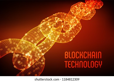Block chain. Crypto currency. Blockchain concept. 3D wireframe chain with digital blocks. Editable cryptocurrency template. Stock vector illustration.