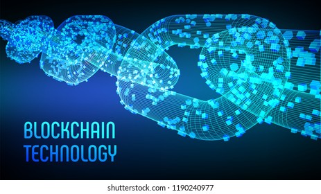 Block chain. Crypto currency. Blockchain concept. 3D wireframe chain with digital blocks. Editable cryptocurrency template. Stock vector illustration.