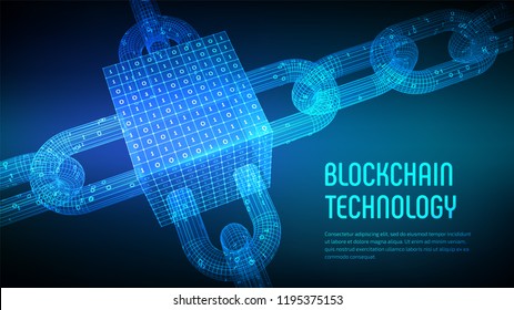 Block chain. Crypto currency. Blockchain concept. 3D wireframe chain and isometric digital block with digital code. Editable cryptocurrency template. Stock vector illustration.