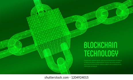 Block chain. Crypto currency. Blockchain concept. 3D wireframe chain and isometric digital block with digital code. Editable cryptocurrency template. Stock vector illustration.